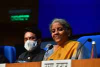 Union Minister for Finance and Corporate Affairs, Nirmala Sitharaman addressing a Post Budget 2021 Press Conference, in New Delhi, India on 1st February 2021. The Minister of State for Finance and Corporate Affairs, Shri Anurag Singh Thakur in the picture Union Minister for Finance and Corporate Affairs, Nirmala Sitharaman addressing a Post Budget 2021 Press Conference, in New Delhi, India on 1st February 2021. The Minister of State for Finance and Corporate Affairs, Shri Anurag Singh Thakur in the picture